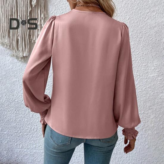 Holiday Casual Chic Shirt Women's Elegant V Neck Lantern Sleeve Soft Stylish Commuter Party Solid Color Top