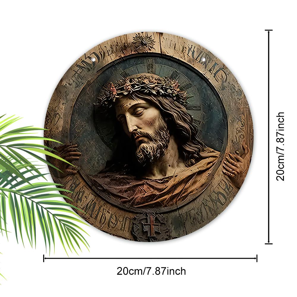 Jesus Christ Crown of Thorns Round Wooden Hanging Sign, 2D Flat Wooden Religious Wall Decor