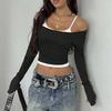 Summer Fashion Contrast T-shirt 2 Piece-Set Women's Off-Shoulder Long Sleeve Patchwork Cropped Top Female Commute Tee Top