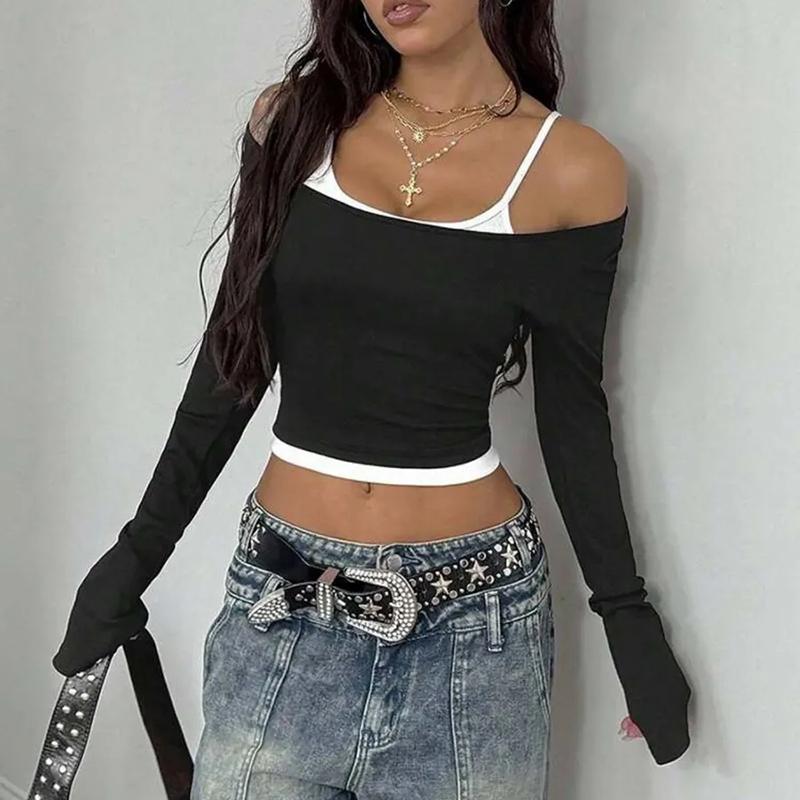 Summer Fashion Contrast T-shirt 2 Piece-Set Women's Off-Shoulder Long Sleeve Patchwork Cropped Top Female Commute Tee Top