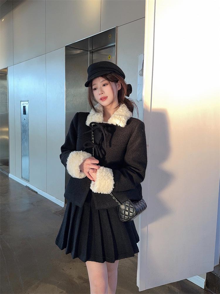Women s Black Woolen Fur Collar Coat - Korean High-End Fashion XL