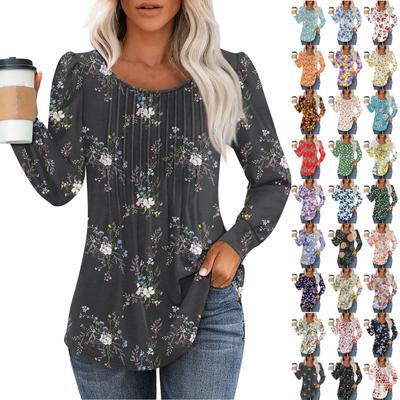 Long Sleeve Shirts For Women Cute Print Graphic Tees Blouses Dressy Casual Blouses Pleated Scooped Neck Tunic Tops