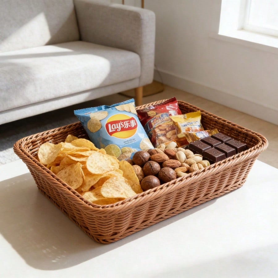 Rieten Fruitmand Geweven Displaykrat Rechthoekige Brood Groente Showmand Desktop Organizer voor Meloenen en Vruchten Multifunctionele opbergruimte