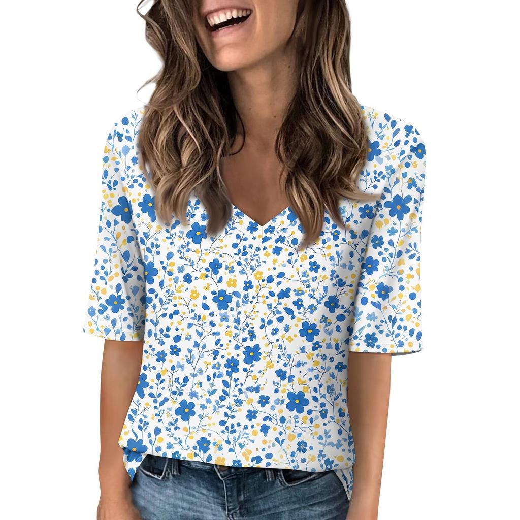 Shirts For Women Trendy V Neck T Shirts Casual Printed Blouse Half Sleeve Tops For Women