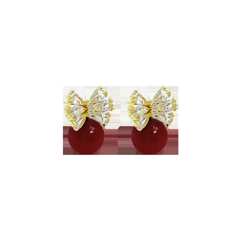 S925 Silver Butterfly Stud Earrings with Wine Red Pearl & Diamond Inlay - Retro Fashion High-End Ear Jewelry