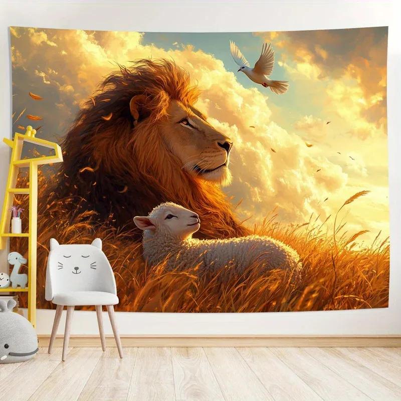 Lion and Lamb Tapestry Sunset Peace Dove Wall Hanging Christian Spiritual Aesthetic Tapestries for Bedroom Decor