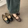 Vintage Versatile Evening Breeze One-Word Buckle with Round Head Mary Jane Shoes Commuter Small Brown Leather Shoes Ballet Shoes.