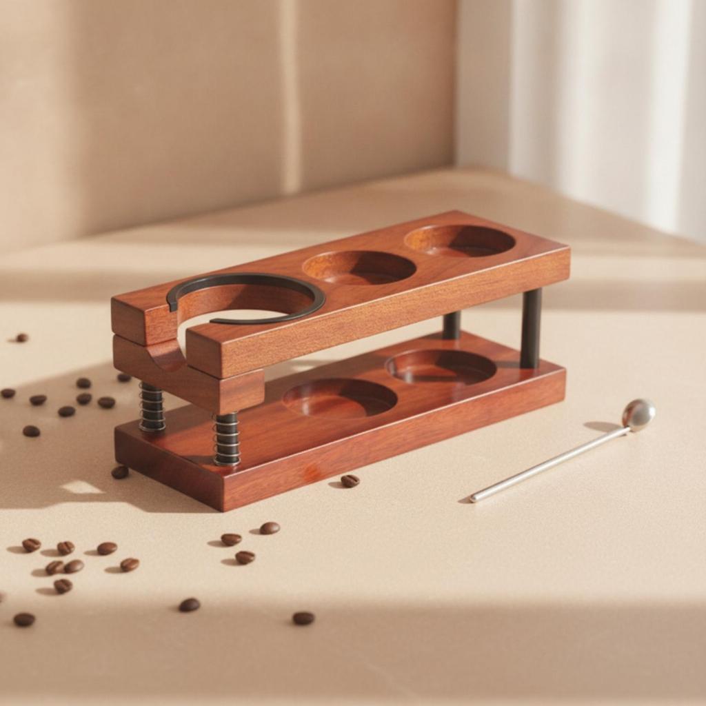 Espresso Pressing Station Wood Grain Finish Multiple Recesses Wooden Press