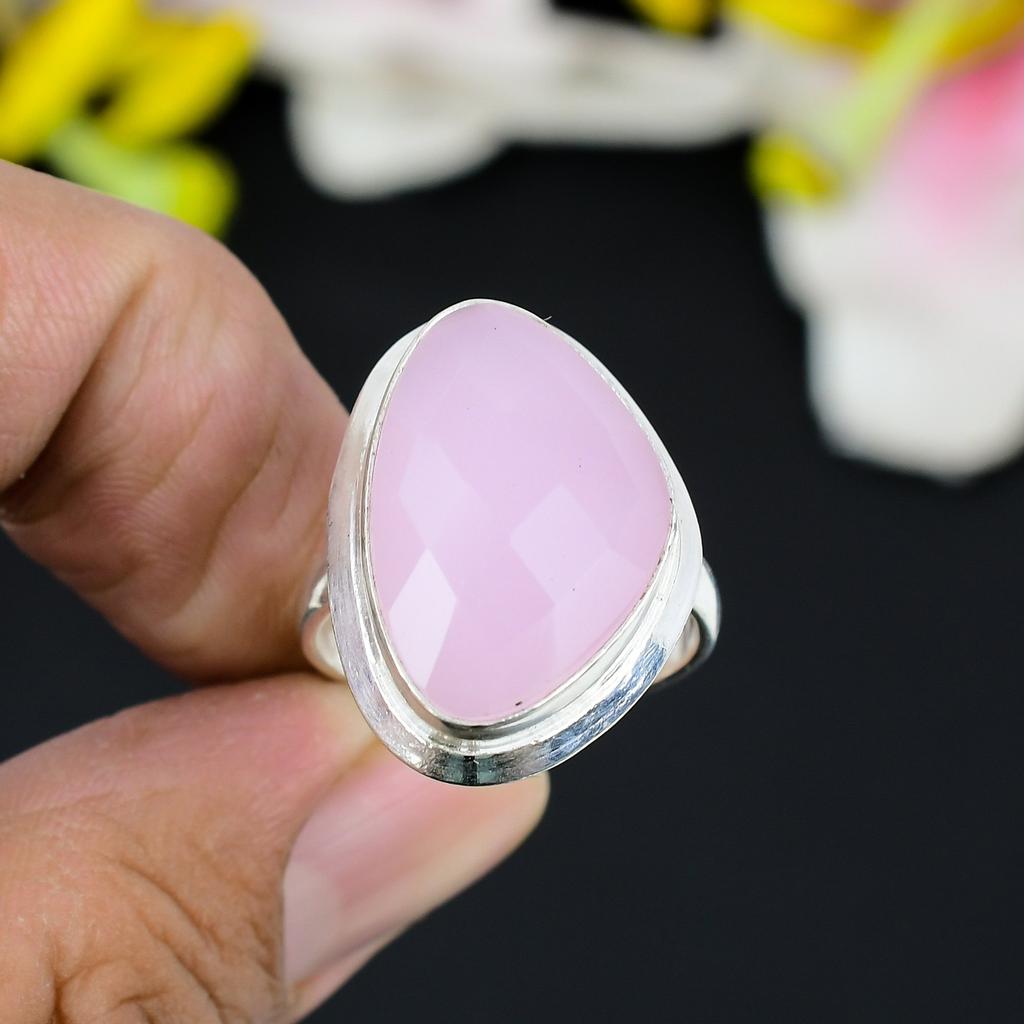 Pink Chalcedony Gemstone Handmade 925 Sterling Silver Jewelry Ring Size 9 KG-334