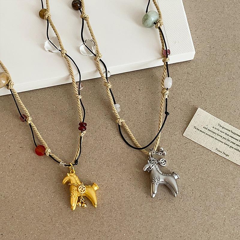 Minar Cartoon Colorful Natural Stone Pony Pendant Necklace Woven Rope Horse Collarbone Double Layers Metallic Chain Choker