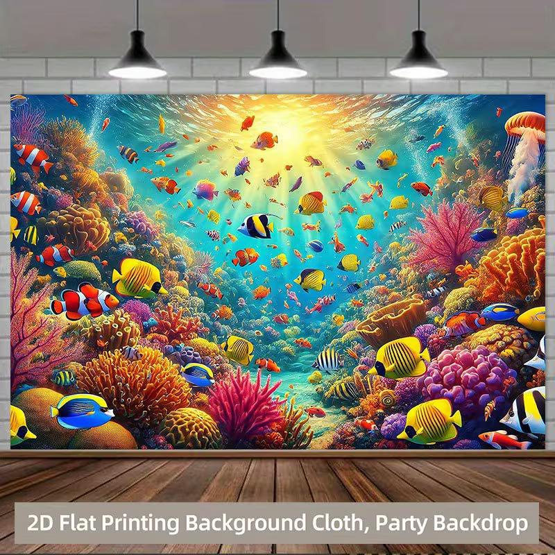 2D Bright Underwater Scene Tapestry, Colorful Coral Reef & Tropical Fish Wall Hanging 47.2x31.5inch/120*80cm