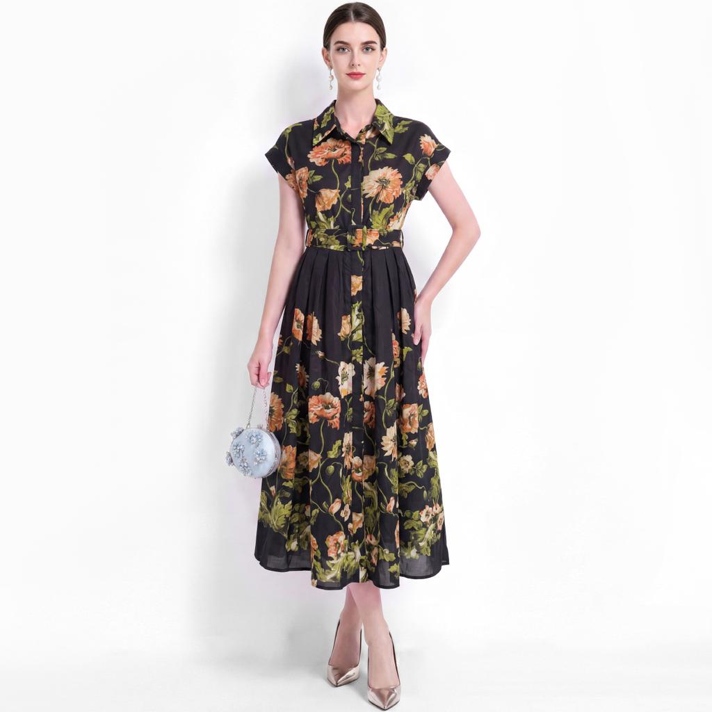 Elegant Floral Print Midi Shirt Dress for Women Summer Cap Sleeve Lapel Button Down Waist Belt A-Line Dress Holiday Outfits