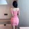 Nightclub work clothes, women's sexy mesh spaghetti strap dress, pleated off-shoulder, figure-hugging short skirt
