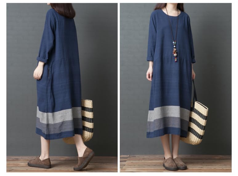 JINJUDUO Long Loose Midi Color Relaxed Sizes Office Fall Women's Cotton-Linen Dress, Sleeve, A-Line, Fit, Length, Block, Fit, M-2XL, Slimming,
