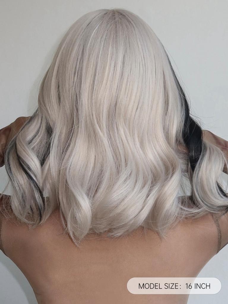 Ombre Short Wavy Cosplay Lolita Wigs with Bangs Light Platinum Silver Black Bob Synthetic Hair Daily Wigs for Women Heat Resistant Wig