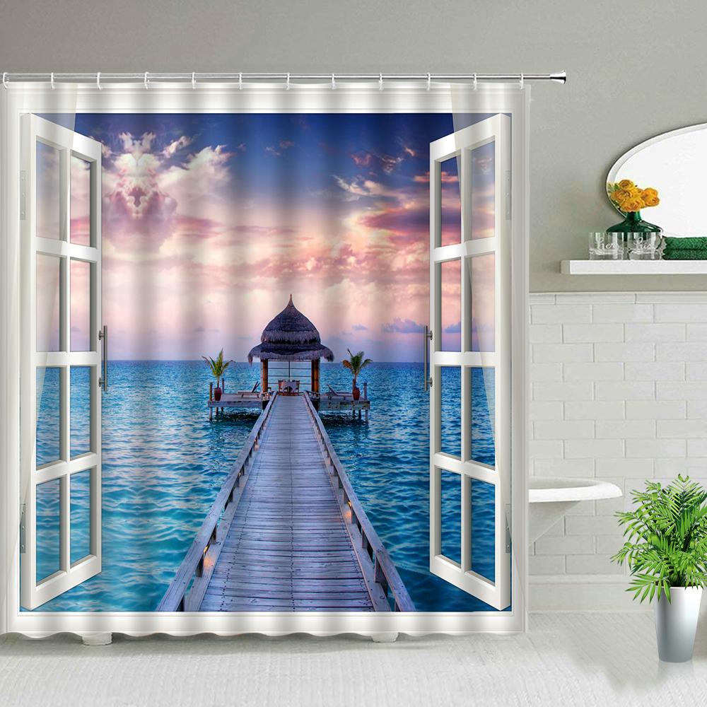 Hot Sale Natural Landscape Wooden Bridge Waterfall Shower Curtain Set Spring Scenery Green Forest 3d Waterproof Hanging Curtains