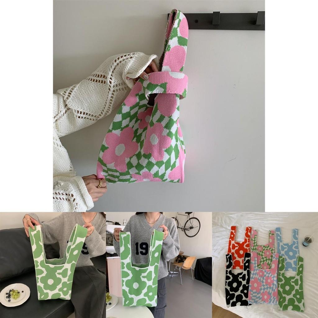 Chic Knitted Shoulder Bag With Colorful Woven Flowers For Stylish Everyday Use