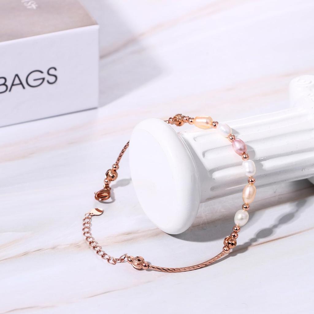 JEWELRYWE Ladies' Rose Gold Pearl Bangle Bracelet Stainless Steel Fashion Women's Accessory Gift