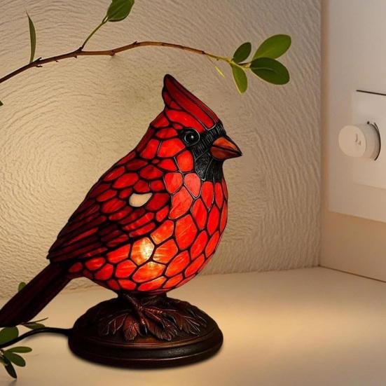 Rote Vogel Tischlampe Buntglasstil Nachttisch Vogellampe Handgefertigtes Rotes Vogel Nachtlicht für Heimdeko Schlafzimmer Schreibtisch Weihnachtsgeschenk