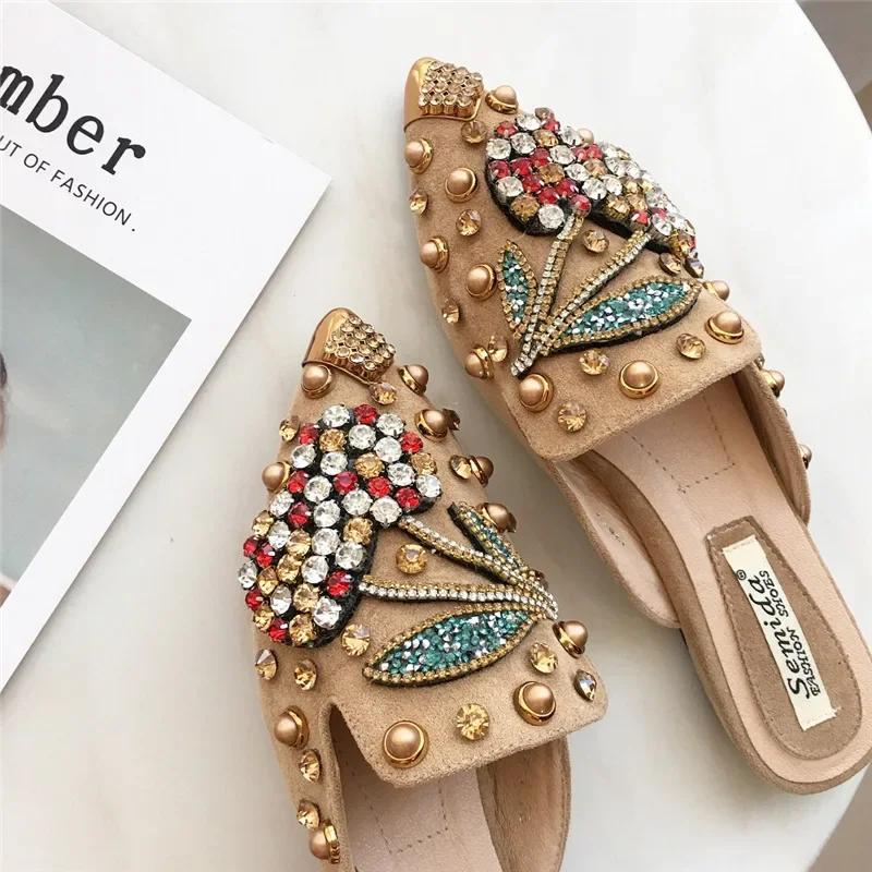 Fashion Women Flat Sole Single Shoe Baotou Slippers Rivet Crystal Rhinestone Cherry Pointed Shoe Women Lazy Shoe Rivet Designer Footwear