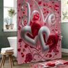 4pcs Red And White Heart Pattern, Valentine's Day Bathroom Set, Waterproof Barrier Shower Curtain, with 12 Hooks, Non Slip Bath