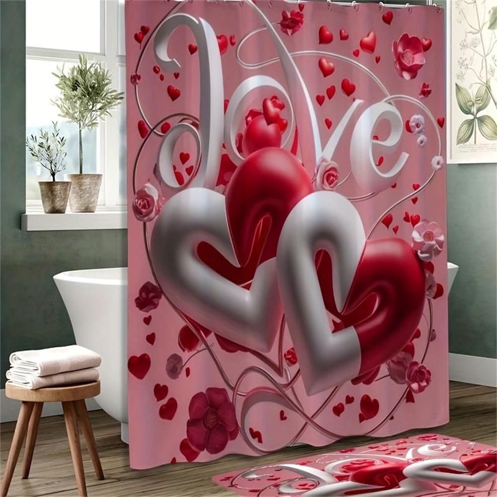 4pcs Red And White Heart Pattern, Valentine's Day Bathroom Set, Waterproof Barrier Shower Curtain, with 12 Hooks, Non Slip Bath