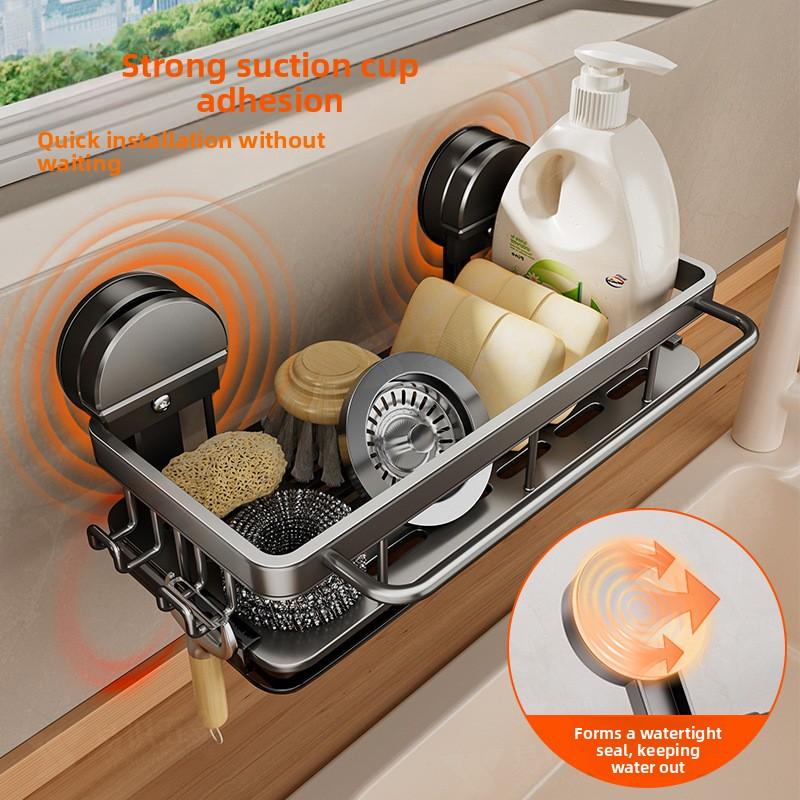 AOBT No-Drill Kitchen Sink Storage Rack Suction Cup Cloth Draining Rack Multifunctional Wall-Mounted Sink Shelf Utensils Dishes