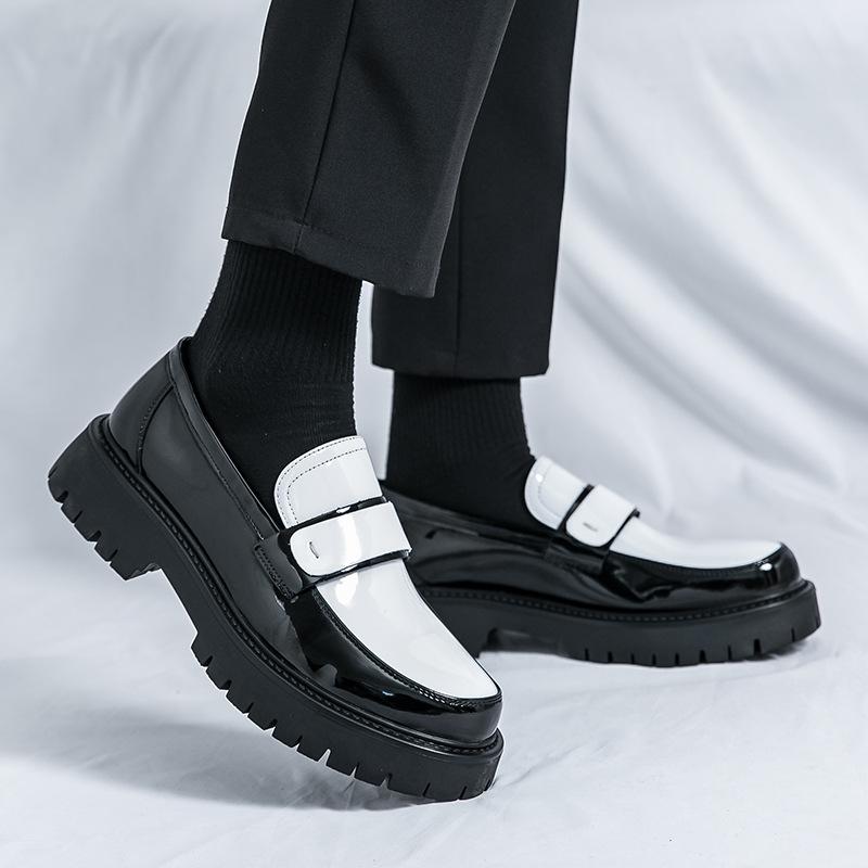 British style black and white color matching leather shoes inner height increase CM young lazy foot cover thick sole height increase round head