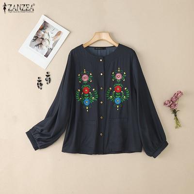 Women Casual Floral Embroidery Loose Long Sleeve Blouse