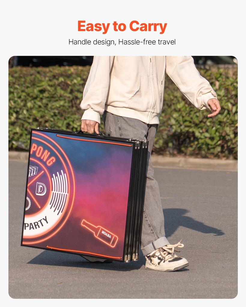 2.4 M Portable Beer Pong Table, LED Lights, Foldable Tailgate Table with Carrying Handles and 6 Pong Balls, Adjustable Height, Lightweight Table for