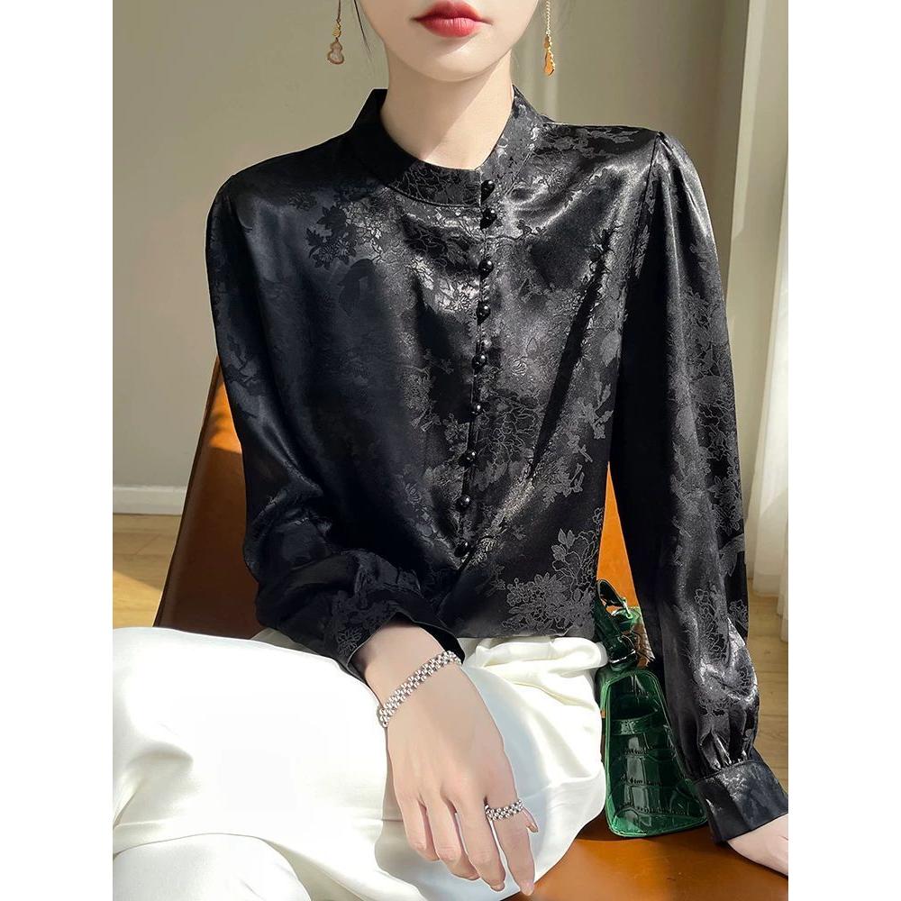 Light National Wind Snow Spun Shirt for Women In the Workplace Spring Long Sleeve Stand Up Collar Shirt Chinese Printed Commuter