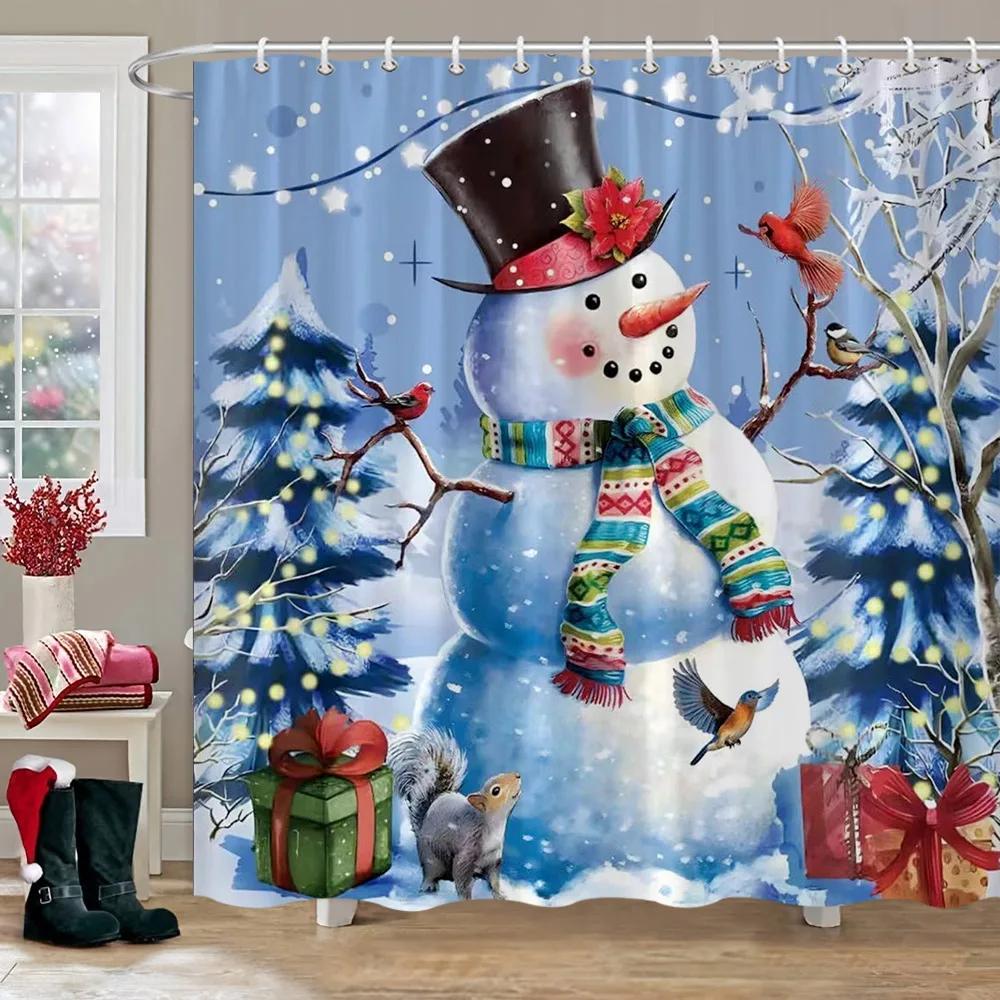 Christmas Elf Shower Curtain Rug Bathroom Set Snowman Fawn Xmas Gift Happy New Year Shower Curtain Set Bathroom Decoration