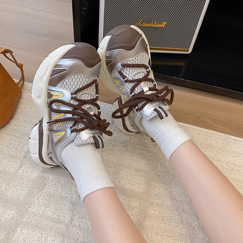 Thick-soled Imitation Leather Dad Shoes for Women 2025 Autumn New Mesh Breathable Versatile Casual Sports Running Shoes