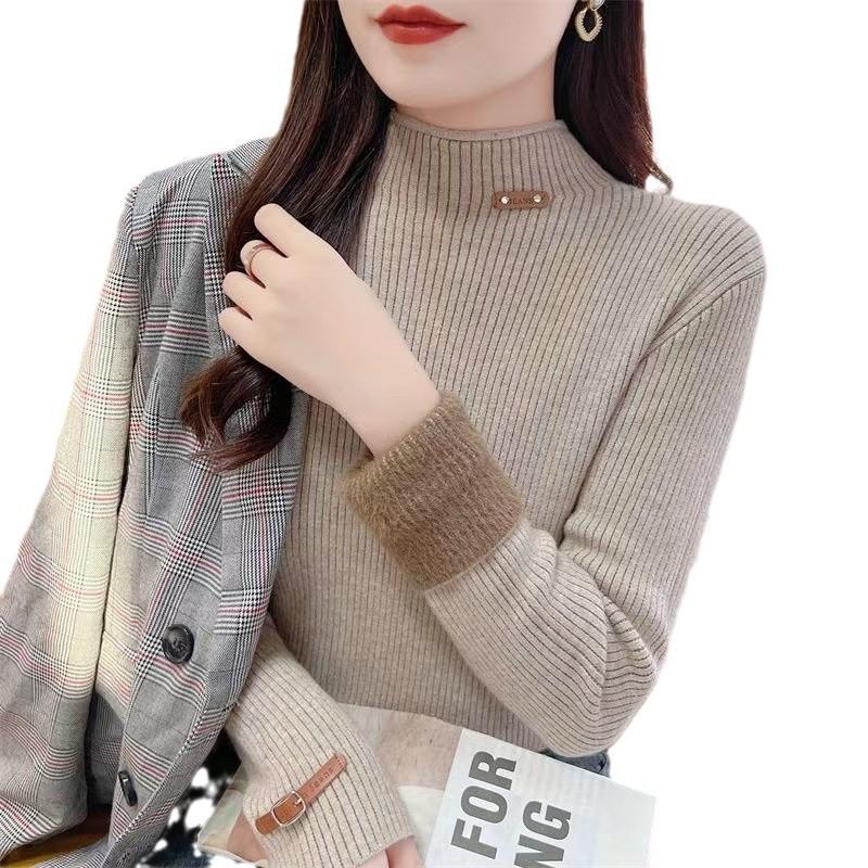 Autumn and Winter Sweater Solid Color Winter Base Knitted Sweater Women's Plush Knitted Velvet Inner High Collar