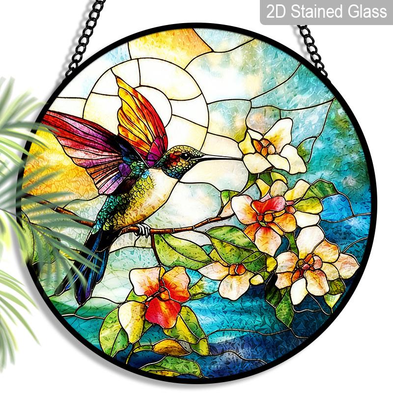 

2D Flat Stained Glass Hummingbirds Window Decoration, 7.87inches Colored Glass Plate with Chain, Charming Spring Summer Sun Catcher Home Livingroom styleA/1pc