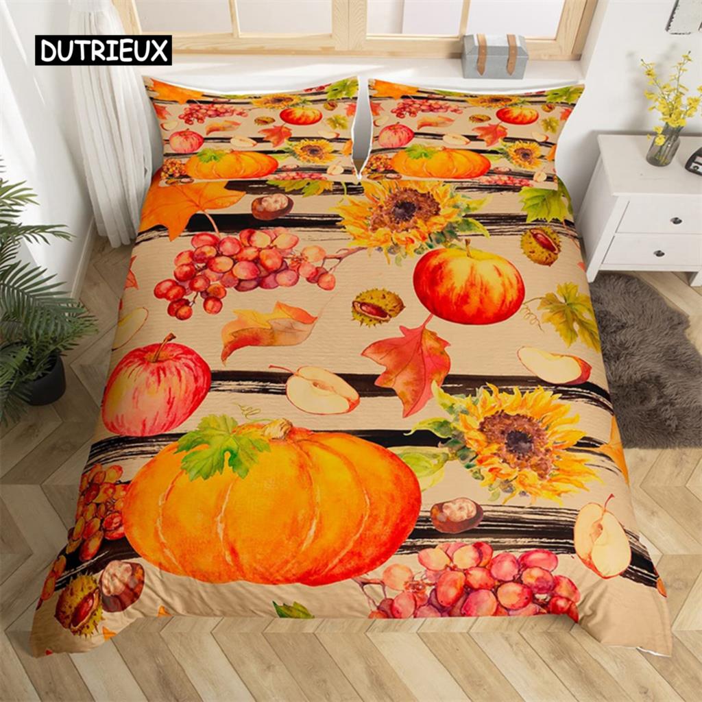 Turkey Maple Leaves Duvet Cover King Thanksgiving Pumpkin Bedding Set Microfiber Farmhouse Autumn Harvest Theme Comforter Cover