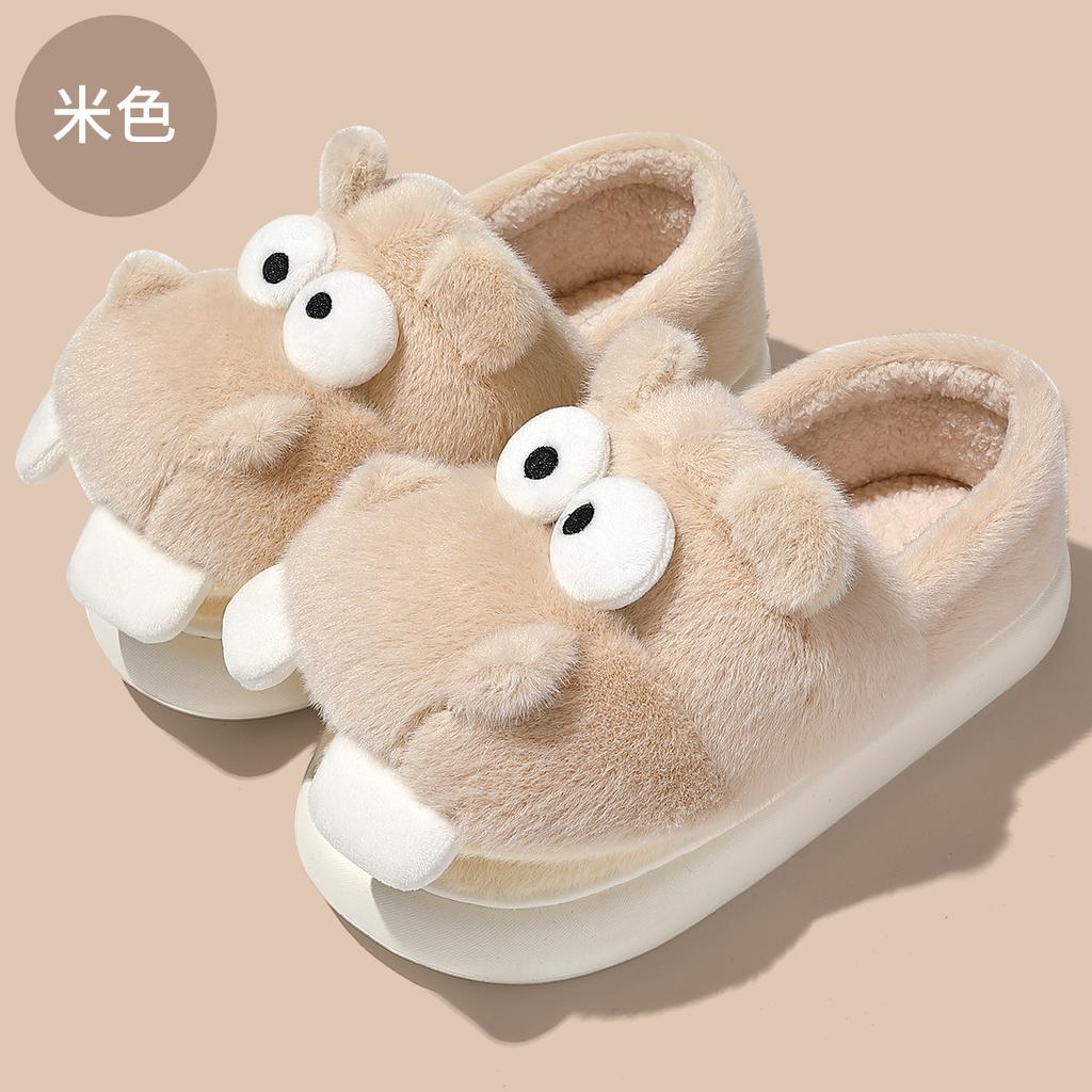 Cartoon hippo cotton shoes women's winter indoor home hair slippers cute warm velvet soft-soled cotton slippers men