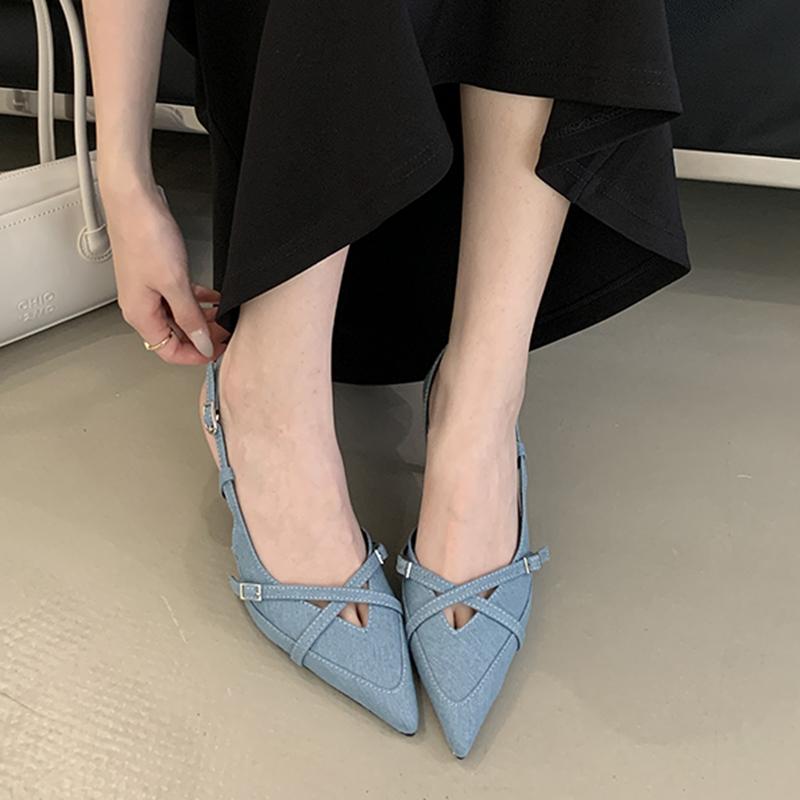 Fashion SUOJIALUN Spring New Brand Women Sandal Fashion Pointed Toe Shallow Slip On Ladies Slingback Shoes Thin High Heel Pumps Shoes