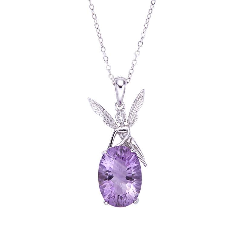 S925 Sterling Silver Inlaid Natural Colored Treasure Amethyst Pendant Angel Necklace Women'S Earrings