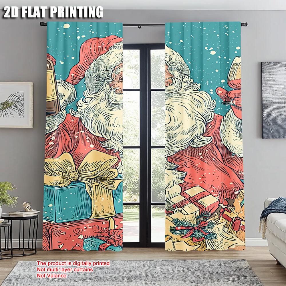 2pcs,2D plane printing Contemporary Curtains Merry Christmas Santa Claus_ Champagne & Gifts Durable 100% Polyester Fabric