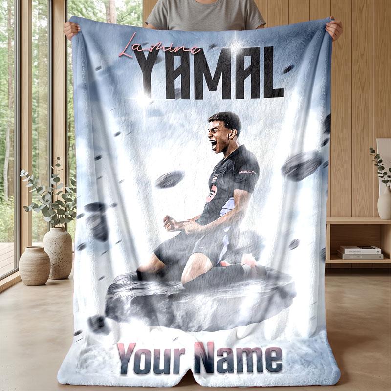 Lamine Yamal Custom Name Text Flannel Blanket Soccer Logo Personalized Fleece Throw Blanket Special Gift For Sofa Bedroom Home
