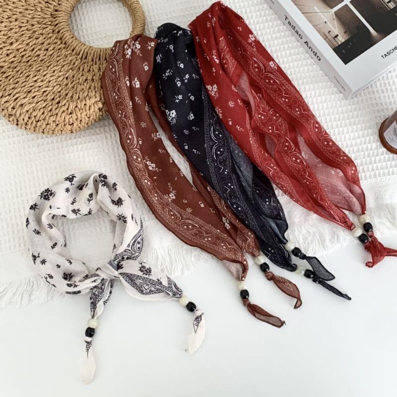 Silk Scarf New Literary Scarf Shawl Cashew Flower Headband Versatile Multi-purpose Pearl Triangle Scarf Waist Tie