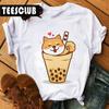 Milk Tea Cat Print Bubble Tea Animal TShirt Unisex Couple Trendy Personalized Womens Clothing Soft Cotton Short Sleeve Tshirt