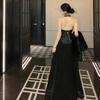 French High-end Black Sequined Sleeveless Neck Dress Women's Design Halter Birthday Dress Long Dress
