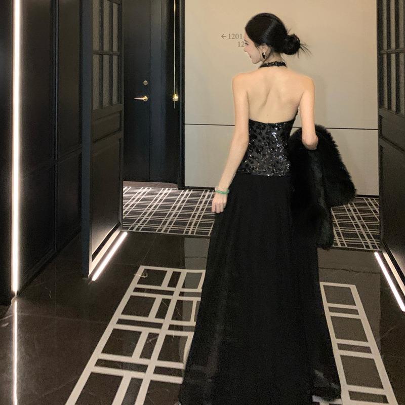 French High-end Black Sequined Sleeveless Neck Dress Women's Design Halter Birthday Dress Long Dress