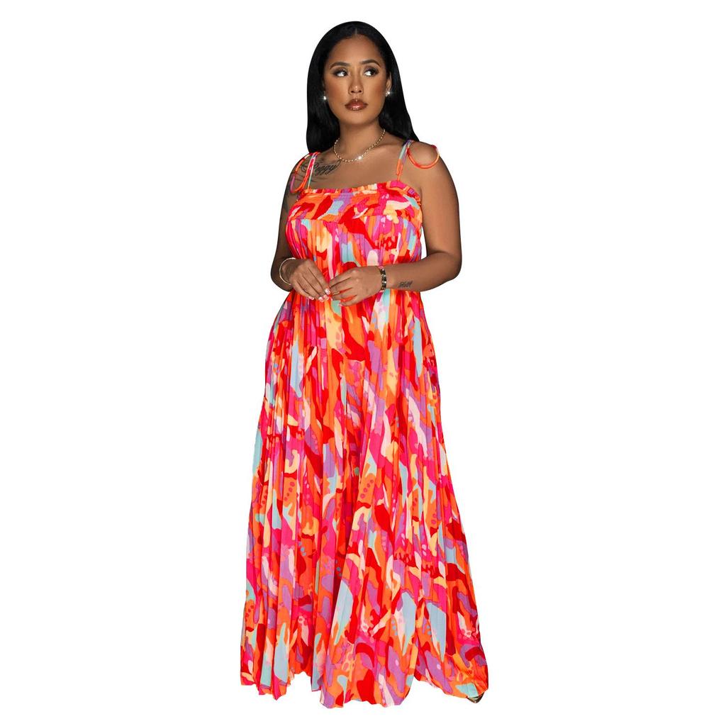 Women's Fashion Sexy Printed Strappy Pleated Wide-Leg Jumpsuit