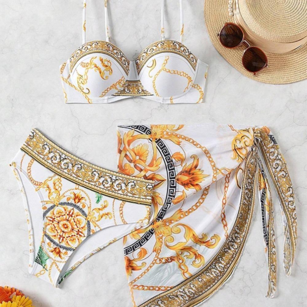 Europees en Amerikaans Nieuw Eendelig Badpak Sexy Rug Gedrukt Drie Delig Bikini Pak voor Vrouwen