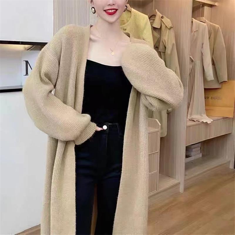 GMXIA Soft Waxy Solid Color Knitted Cardigan Women Autumn Loose Lazy Wind Long Sweater Coat
