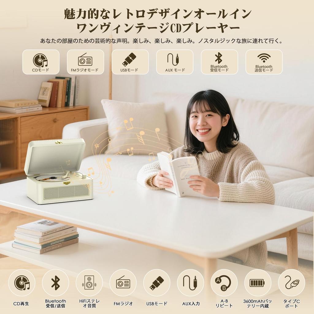 Gueray Y-02 Retro CD Player, Portable, Built-in HiFi Speaker, Bluetooth Receiver & Transmitter, Rechargeable, USB Playback, AUX Input, A-B Repeat Func