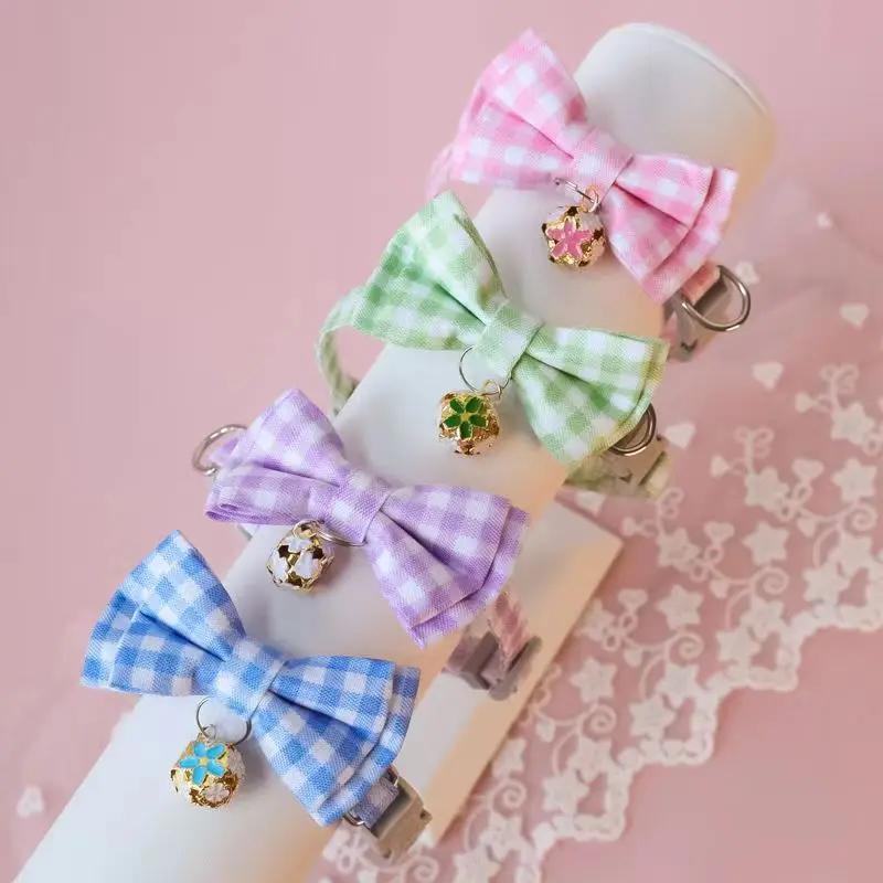 Lattice Bow Pet Cat Collar with Bell Adjustable Pet Collar Bownot Safety Necklace for Puppy Kitten Cat Cute Pattern Pet Supplies